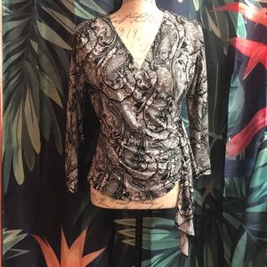 VINTAGE BRITTANY BLACK PAISLEY BLACK & WHITE SEQUIN CROSSOVER CINCHED SIDE TOP M